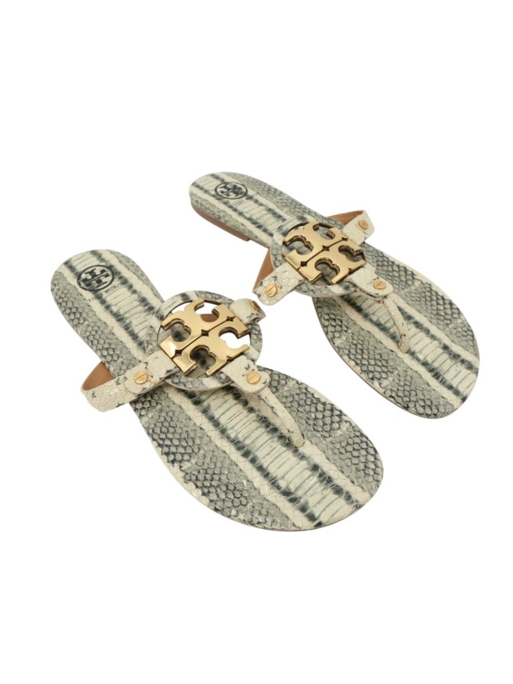 Tory Burch Roccia Metal Miller Thong Snakeskin Python Sandals Gold Logo 9.5